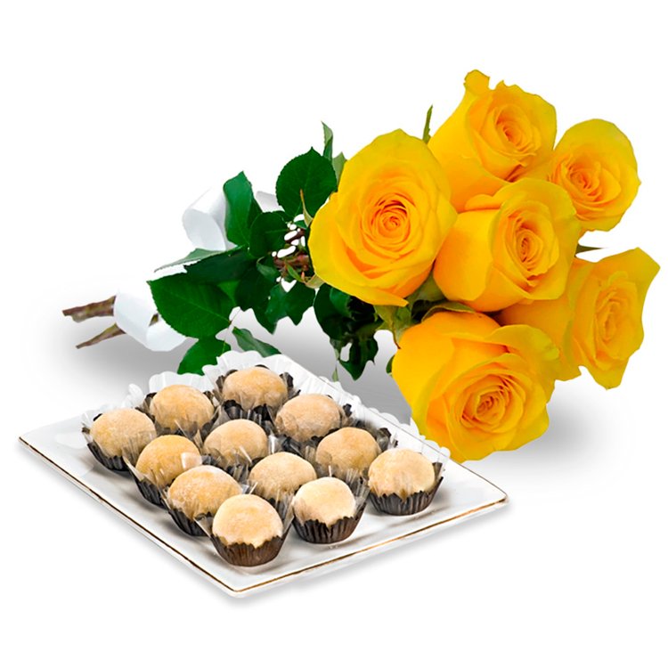 Buquê com 6 Rosas Amarelas e Brigadeiro Branco Amor aos Pedaços