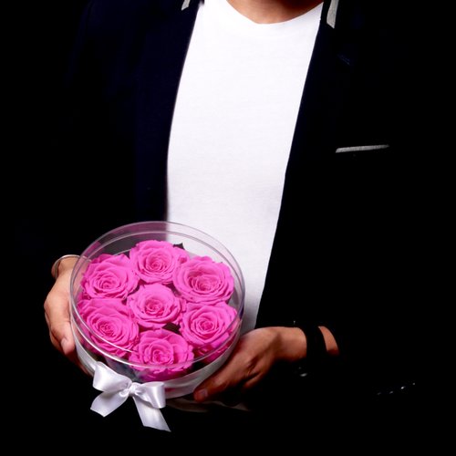 Box Crystal Redonda com 6 Rosas Encantadas Pink